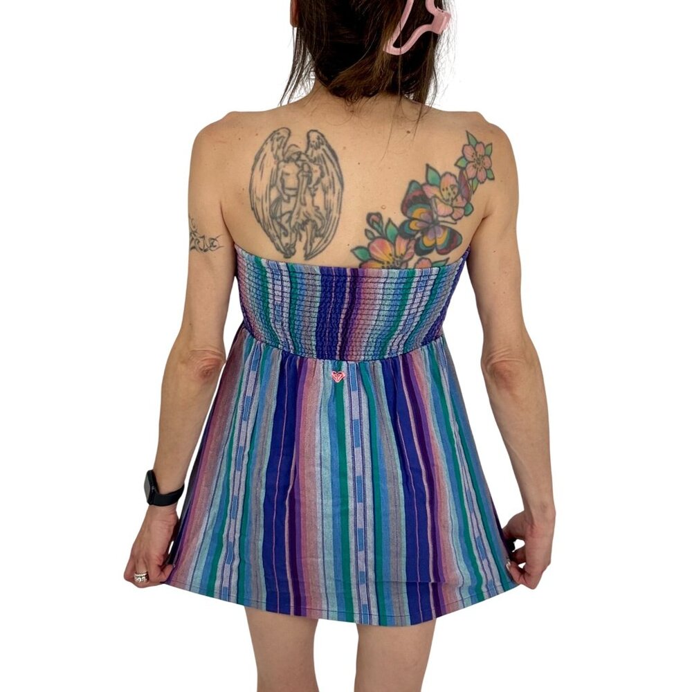 Vintage Y2K Roxy Coastal Cowgirl Strapless Striped Beachy Boho Indie Mini Dress - Picture 9 of 16
